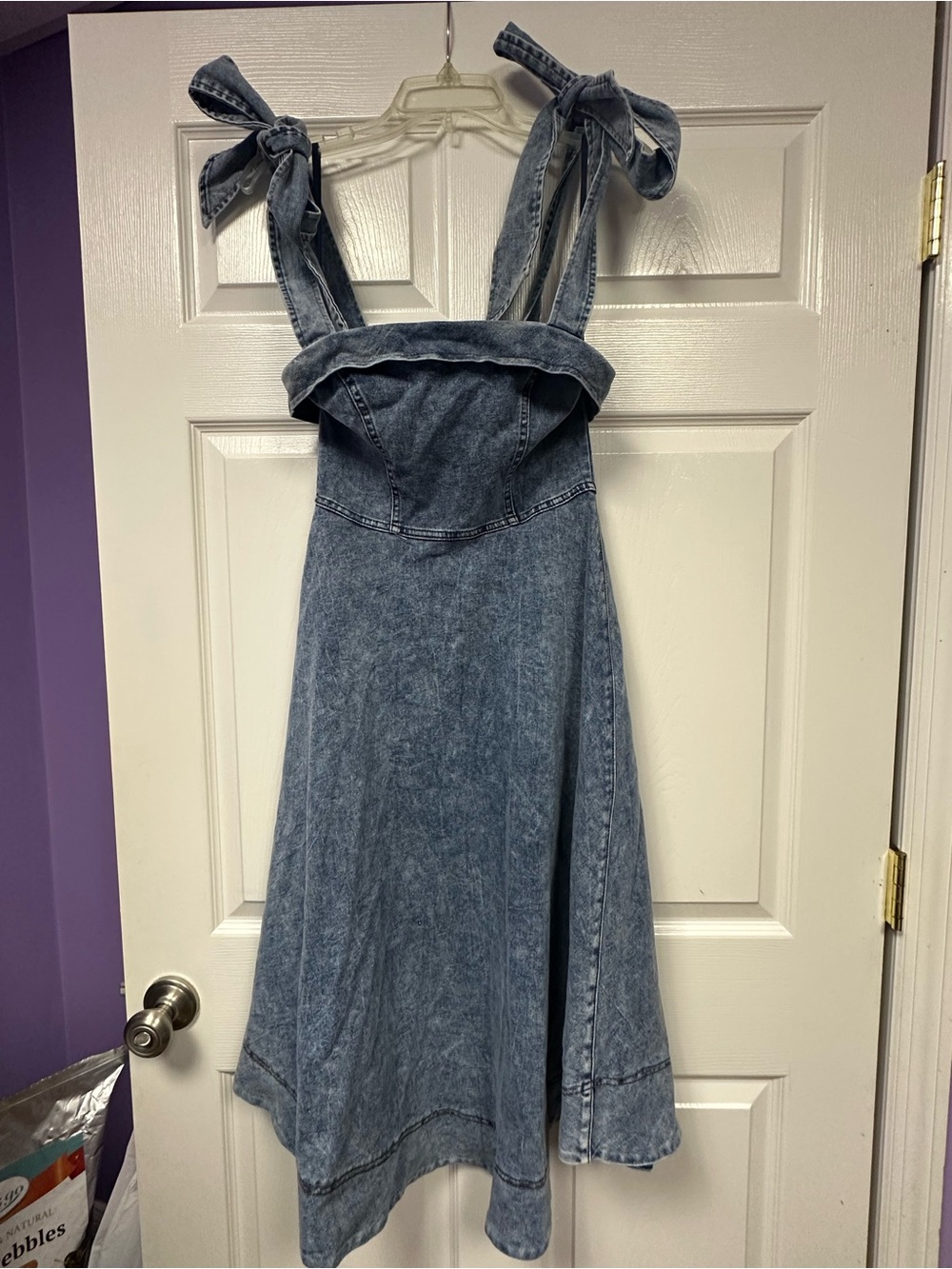 Tie-Shoulder Denim Midi Dress in Washed Blue